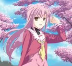  brown_eyes cherry_blossoms hair_ornament hairclip hayate_no_gotoku! katsura_hinagiku long_hair pink_hair ryouta school_uniform solo tree 