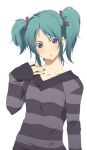  aqua_hair blue_eyes char's_counterattack gundam mellowd nail_polish quess_paraya short_twintails simple_background solo striped striped_sweater sweater twintails 