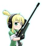  blush ear_protection fingerless_gloves gloves green_eyes gun iris_(material_sniper) kusaba material_sniper ponytail rifle sleeves_rolled_up sniper_rifle solo weapon 