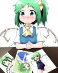  blush daiyousei green_eyes green_hair hair_ornament hairclip kusaba photo_(object) school_swimsuit short_hair side_ponytail solo swimsuit touhou wings wink 