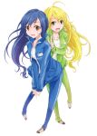  ahoge bad_feet blonde_hair blue_hair brown_eyes face green_eyes hands_clasped hoshii_miki idolmaster kisaragi_chihaya leaning_forward long_hair miomio multiple_girls open_clothes open_jacket open_mouth popped_collar shoes simple_background sweatdrop track_suit v v_arms 