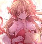  backlighting bad_id bangs bow brown_eyes brown_hair close-up detached_sleeves hair_bow hair_ornament hakurei_reimu hands large_bow long_hair ribbon riichu solo stare touhou 