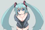 aqua_hair blue_eyes bottomless breasts cleavage hatsune_miku headphones headset leaning_forward naitou_kouse no_nose shirt_tug simple_background solo sweat sweater thigh-highs thighhighs twintails v_arms vocaloid 