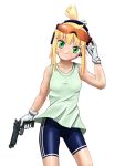  blush ear_protection gloves green_eyes gun handgun iris_(material_sniper) material_sniper nirei ponytail solo weapon 