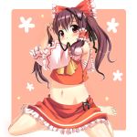  barefoot bow brown_hair feet hair_bow hakurei_reimu kaneru midriff mouth_hold navel red_hair redhead sarashi skirt solo touhou twintails 