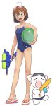  :p ball banana brown_hair food fruit goggles ishikawa_hideki legs open_mouth original p-head sandals short_hair solo squirt_gun swimsuit tongue water_gun 