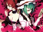  album_cover artist_request back-to-back back_to_back bare_shoulders blood blue_eyes bow breasts cd_cover choker cleavage cover detached_sleeves flower green_hair hair_bow hair_ornament hat leaf leaves legs long_sleeves multiple_girls nail_polish onozuka_komachi open_clothes open_shirt red_eyes red_hair redalice redhead riku_(wana) rod_of_remorse shikieiki_yamaxanadu shirt short_twintails sitting smile touhou twintails wallpaper yin_yang 