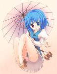  blue_hair dress emurin error geta heterochromia no_panties red_eyes sandals short_hair solo tatara_kogasa touhou umbrella 