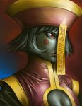  breasts capcom cleavage cleavage_cutout darkstalkers geung_si great-oharu hat highres hsien-ko jiangshi lei_lei lipstick ofuda realistic red_eyes solo vampire_(game) 