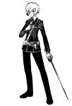  arisato_minato greyscale gun male masn_(moxi) monochrome moxi persona persona_3 ribbon school_uniform short_hair solo sword weapon 
