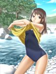  bridge brown_eyes brown_hair highres long_hair one-piece_swimsuit original school_swimsuit solo stream swimsuit swimsuit_under_clothes tree undressing water 