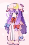  :&lt; bow crescent flat_gaze hair_bow hat iganseijin long_hair mukyuu no_nose patchouli_knowledge purple_eyes purple_hair robe slippers solo standing touhou violet_eyes 