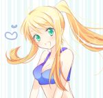  bare_shoulders bikini_top blonde_hair bust fullmetal_alchemist green_eyes happy heart long_hair open_mouth ponytail riichu smile solo striped striped_background winry_rockbell 