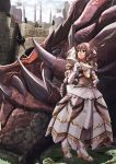  brown_hair castle dragon dress drill_hair earrings elbow_gloves gloves highres jewelry lao-shan_lung monster_hunter solo twintails v-mag 