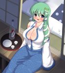  bad_id bed blue_eyes blush breasts cleavage detached_sleeves green_hair hair_ornament huge_breasts kochiya_sanae kyokutou_hentai_samurai large_breasts open_mouth pillow sake solo touhou 