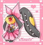  belt blush bowtie character_name clothed_pokemon dress hair_ornament hand_on_hip heart mawile no_humans pinkmaggot pokemon pokemon_(creature) skin_heart solo tsundere 
