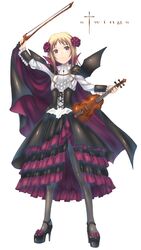  brown_eyes cape corset dress flower halloween high_heels instrument original pantyhose sabamu shoes solo viola_(instrument) 