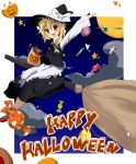  apron bad_id blonde_hair bow broom candle candy dress hair_bow hair_ribbon halloween hat hat_bow hat_ribbon heart kirisame_marisa moon night open_mouth pumpkin ribbon smile solo star touhou witch_hat yuzuha_(artist) 