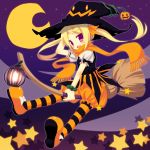  blonde_hair broom crescent_moon halloween lantern meito_(maze) moon orange_legwear original pantyhose purple_eyes scarf skin_fang solo star striped striped_legwear striped_pantyhose violet_eyes witch 
