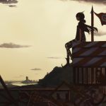  black_hair cage checkered cloud clouds flag highres horizon kuchibiru_(lipblue) landscape lipblue monkey original ponytail river sitting solo tower 