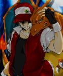  1boy baseball_cap black_hair charizard chichirou fingerless_gloves fire gloves hat pokemon pokemon_(creature) pokemon_(game) popped_collar red_(pokemon) red_eyes 