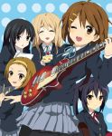  akiyama_mio bad_id brown_eyes brown_hair cake drumsticks food guitar highres hirasawa_yui instrument k-on! kotobuki_tsumugi les_paul multiple_girls nakano_azusa nohana pantyhose pastry school_uniform tainaka_ritsu wink 