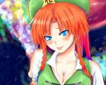  :p bad_id blue_eyes braid breasts china_dress chinadress chinese_clothes cleavage hat highres hong_meiling long_hair red_hair redhead solo tongue touhou twin_braids wancor 
