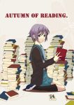  book cardigan kneeling nagato_yuki purple_eyes purple_hair reading school_uniform short_hair suzumiya_haruhi_no_yuuutsu uwabaki 