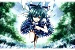  aqua_eyes aqua_hair bow cirno faux_traditional_media forest grin hair_bow nature running same_2009 smile solo speed_lines touhou wings 