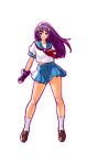  1girl asamiya_athena blue_sailor_collar blue_skirt brown_footwear closed_mouth earrings full_body gloves hairband jewelry king_of_fighters kof_sky_stage loafers long_hair miniskirt neckerchief official_art pleated_skirt purple_hair red_neckerchief sailor_collar sailor_shirt school_uniform serafuku shirt simple_background snk socks solo standing violet_eyes white_background white_legwear 