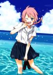  cloud clouds dutch_angle grey_eyes hand_on_own_face hand_to_face holding holding_shoes midriff ocean original pink_hair pitoo school_uniform sea_spray see-through serafuku shoes skirt smile solo wading water wink 