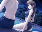  back competition_swimsuit game_cg highres itou_hinako kantoku natsu_no_ame night one-piece_swimsuit pool poolside swimsuit wet 