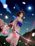  bad_id brown_eyes brown_hair cherry_blossoms cloud clouds from_below full_moon glint grass highres japanese_clothes kara_no_kyoukai katana kimono lens_flare looking_down moon mountain night night_sky outdoors petals ryougi_shiki short_hair sky solo swimmer? sword tree weapon 