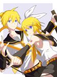  blonde_hair blue_eyes brother_and_sister hair_ribbon harano highres kagamine_len kagamine_rin ribbon short_hair siblings twins vocaloid 