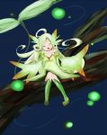  1girl ahoge bangs blonde_hair blush boots closed_eyes collarbone fairy green_hair long_hair minigirl mon-musu_quest! ono2532 payot sitting solo sylph_(mon-musu_quest!) tree_branch wind 