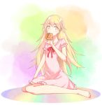  1girl barefoot blonde_hair doughnut dress highres long_hair monogatari_(series) narumi_muran oshino_shinobu sitting wariza yellow_eyes 