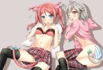  2girls animal_ears black_legwear blue_eyes blush bow bra breasts cat_ears cat_tail chorin_(yl) cleavage fang grey_hair kneehighs long_hair looking_at_viewer multiple_girls navel one_eye_closed original panties pink_hair red_eyes simple_background skirt striped striped_panties tail thigh-highs underwear wink 