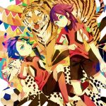  2boys ball blue_eyes blue_hair inazuma_eleven_(series) inazuma_eleven_go junekun kishibe_taiga leopard long_hair male multiple_boys open_mouth purple_hair resistance_japan short_hair soccer_ball soccer_uniform sportswear telstar tiger yukimura yukimura_hyouga 