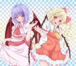  2girls ascot bat_wings blonde_hair blue_hair blush brooch dress dress_lift flandre_scarlet jewelry looking_at_viewer misumo multiple_girls no_hat open_mouth pink_dress puffy_short_sleeves puffy_sleeves red_eyes remilia_scarlet sash shirt short_sleeves siblings side_ponytail sisters skirt skirt_set smile touhou vest wings 