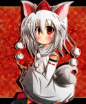  1girl animal_ears autumn_leaves bare_shoulders blush detached_sleeves hat inubashiri_momiji leaf leaf_background looking_at_viewer open_mouth pom_pom_(clothes) red_eyes short_hair silver_hair solo tail tokin_hat touhou warabi_mochi_(ehimedaisuki) wolf_ears wolf_tail 