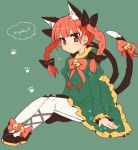  1girl animal_ears bell blush bow braid cat_ears cat_tail dress extra_ears hair_bow jingle_bell kaenbyou_rin long_hair looking_at_viewer multiple_tails pantyhose red_eyes redhead sitting solo tail tail_bell takamura touhou twin_braids white_legwear 