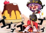  1girl =_= blush bowl cherry closed_eyes commentary_request drooling food food_themed_clothes fruit hat japanese_clothes kimono long_sleeves minigirl needle obi open_mouth pudding purple_hair rindou_(p41neko) sash solo sparkle spoon sukuna_shinmyoumaru touhou wide_sleeves 