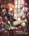  1girl animal blonde_hair book character_request curtains gabiran official_art ornate rabbit sitting smile tenkuu_no_crystalia window 