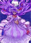  1girl crescent dress evil_grin evil_smile frills full_moon grin hair_ribbon hand_on_own_chest hat long_hair moon night night_sky outstretched_hand patchouli_knowledge purple_hair red_eyes renji26 ribbon sky smile solo touhou very_long_hair 