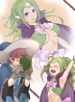  1boy 1girl armpits bow breasts cape circlet cleavage closed_eyes fire_emblem fire_emblem:_kakusei gloves green_hair hat imagining jewelry large_breasts long_hair looking_at_viewer mamoru_(pixiv) nowi_(fire_emblem) older open_mouth pendant pointy_ears ponytail richt_(fire_emblem) smile sweatdrop violet_eyes witch_hat 