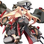  1girl artist_request bismarck_(kantai_collection) blonde_hair blue_eyes blush breasts detached_sleeves gloves grey_legwear hat highres kantai_collection long_hair looking_at_viewer military military_hat military_uniform open_mouth peaked_cap personification solo thigh-highs uniform 