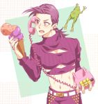  1boy food hokuto_shun ice_cream jojo_no_kimyou_na_bouken midriff phone purple_hair solo sweater vinegar_doppio violet_eyes 