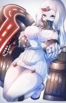  1girl 307 breasts claws detached_sleeves horn kantai_collection large_breasts long_hair red_eyes ribbed_sweater seaport_hime solo sweater thighs turtleneck white_hair 
