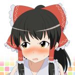  angry bare_shoulders black_hair blush bow cato_(monocatienus) check_commentary commentary frilled_shirt_collar hair_bow hair_ribbon hair_tubes hakurei_reimu large_bow long_hair looking_away open_mouth ribbon sweat tile_background touhou white_background yellow_eyes 