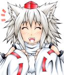  /\/\/\ 1girl animal_ears bare_shoulders blush closed_eyes detached_sleeves fangs happy hat highres inte_(whitewolftail) inubashiri_momiji looking_at_viewer open_mouth pom_pom_(clothes) short_hair silver_hair solo tokin_hat touhou traditional_media 